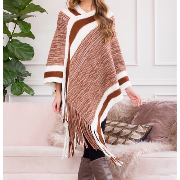 Brown Striped Fringe Poncho - OS - NWT - Picture 4 of 4